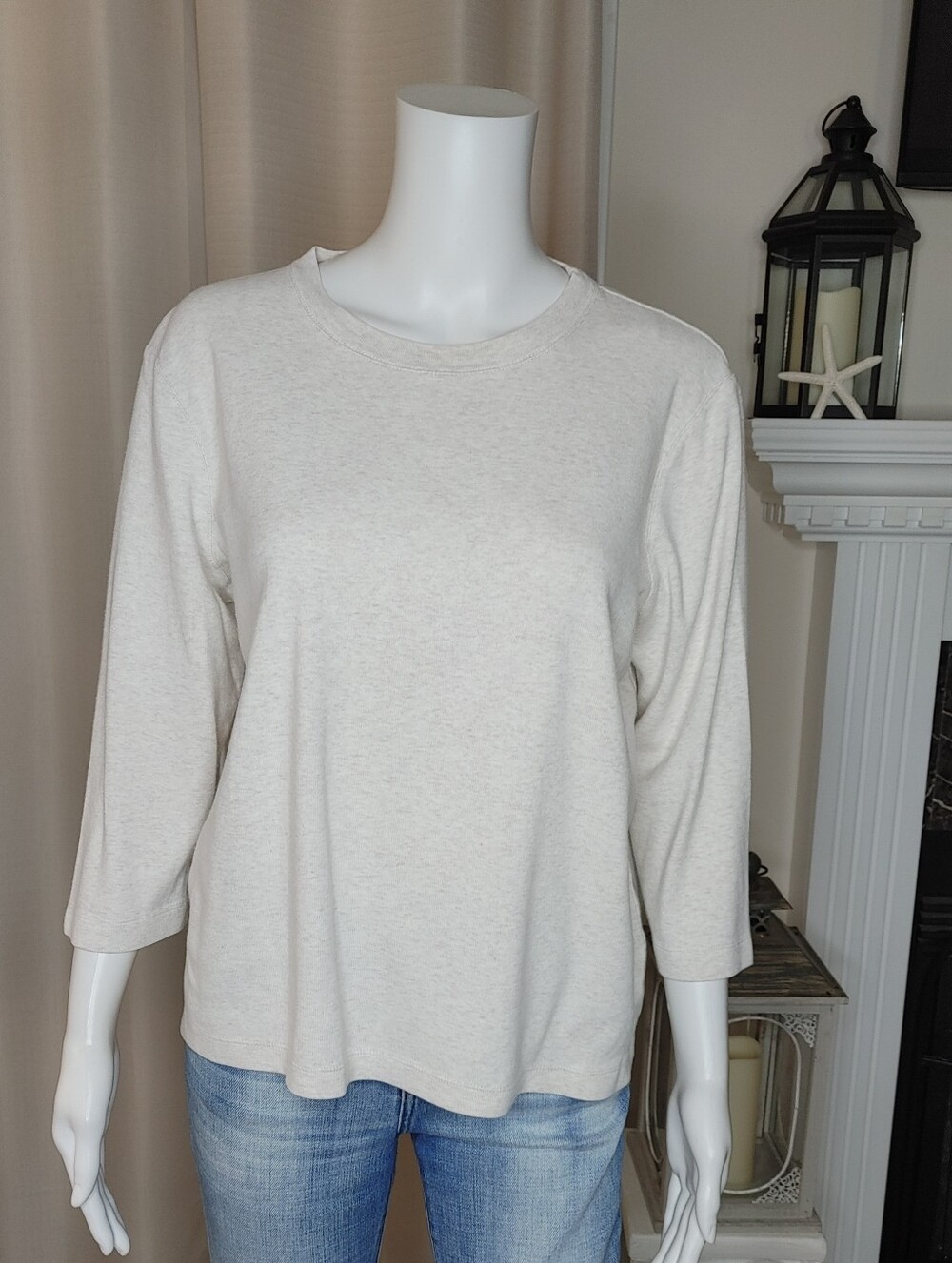 KIM ROGERS COTTON KNIT LONG SLEEVE TOP, OATMEAL XL